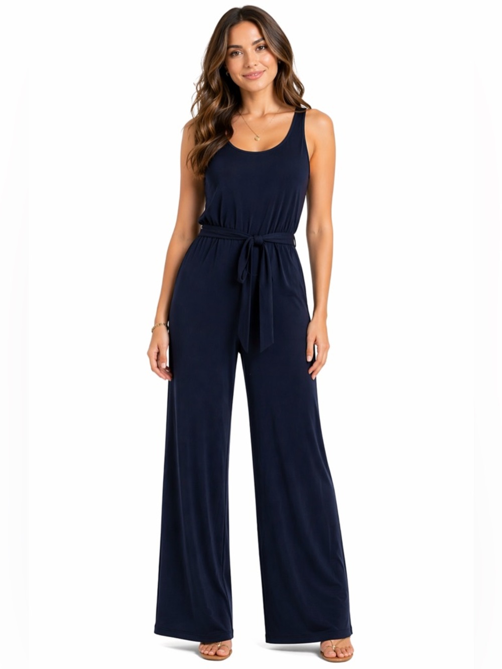 Trina Turk Size Medium Navy Blue Wide Leg Tank Sleeveless Jumpsuit with Belt Tie